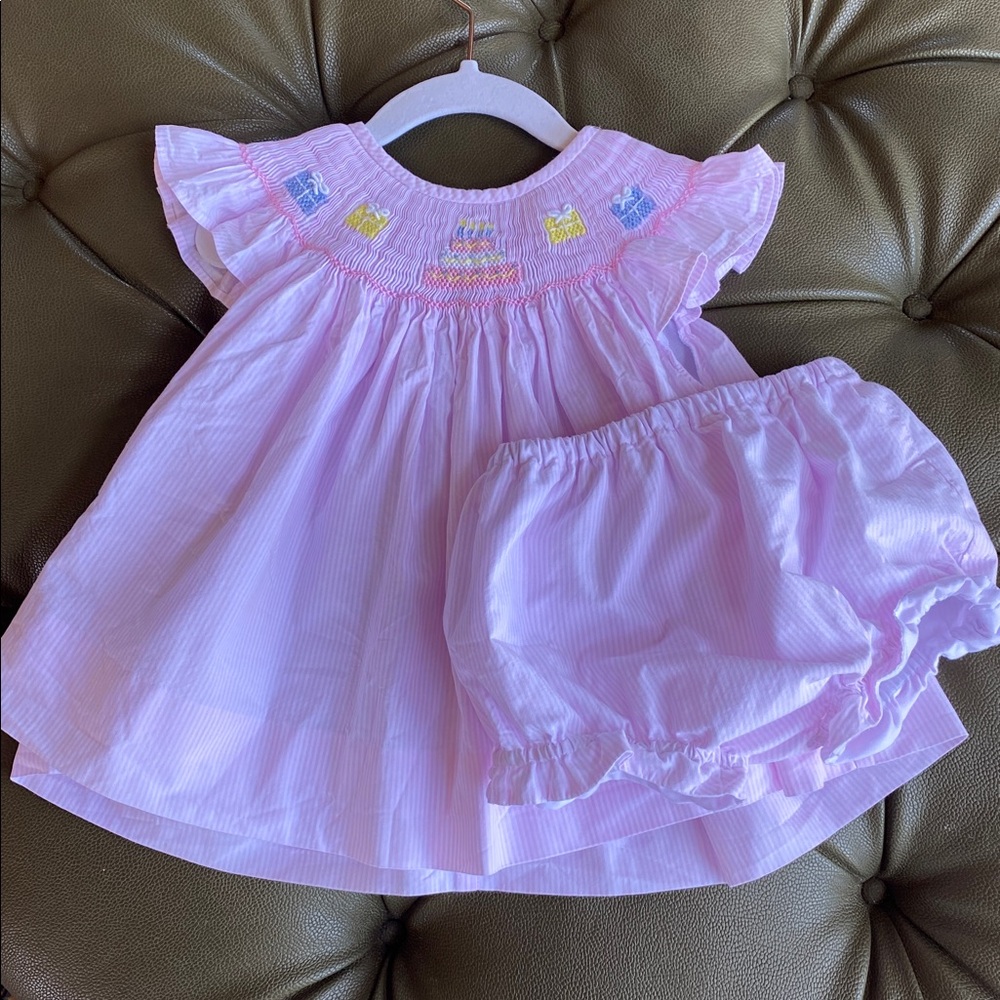 Cecil and Lou Pink Smocked Dress and bloomers with Birthday Cake Embroidery